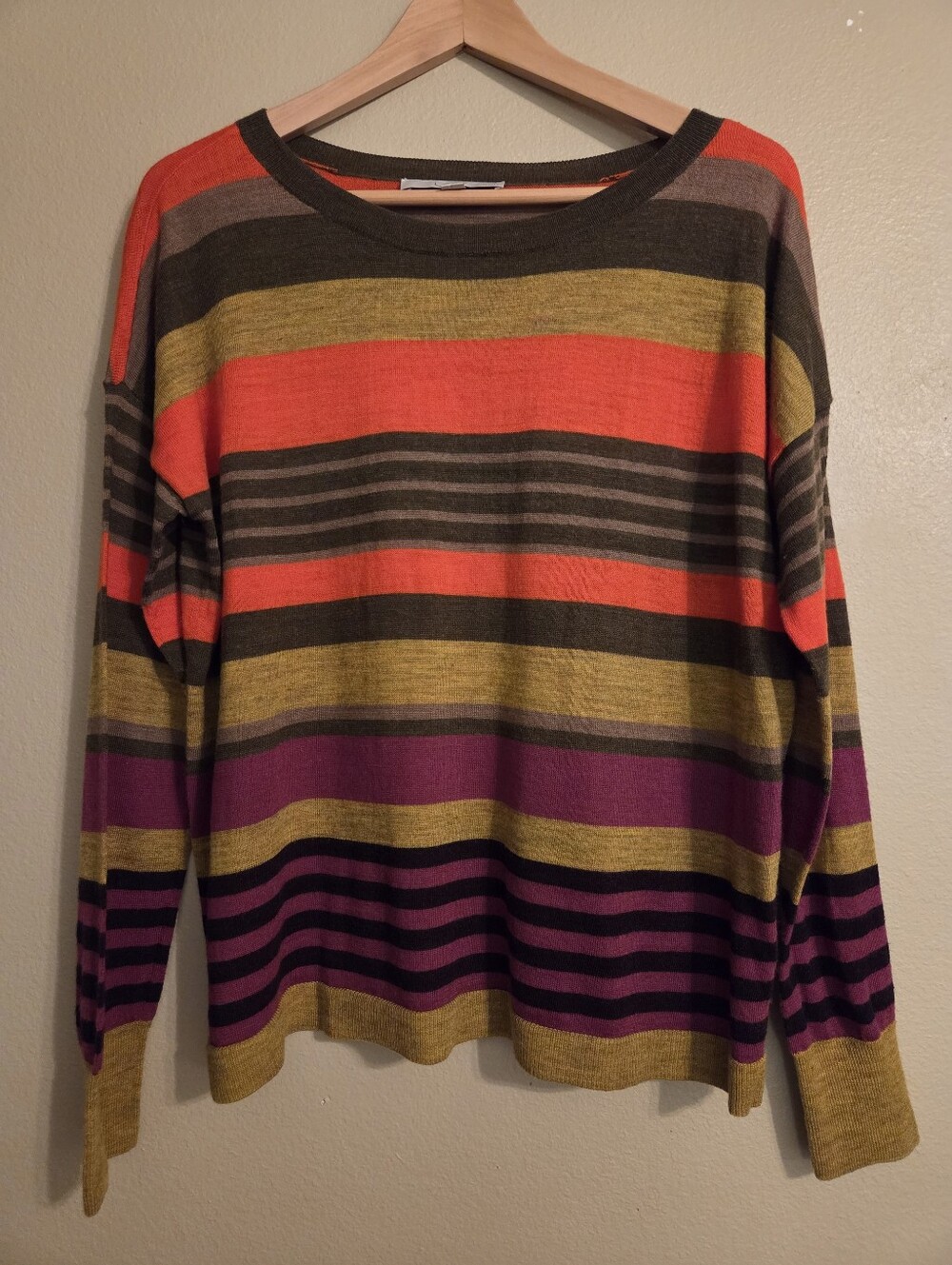 LOFT Ann Taylor Purple Green Wool Blend Stripe Scoop Neck Lightweight Sweater LP